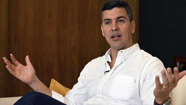 Paraguayan presidential candidate for the Colorado Party, Santiago Peña, speaks during an interview with AFP in Asuncion on April 27, 2023. Paraguay holds general and presidential elections on April 30, 2023.Luis ROBAYO / AFP