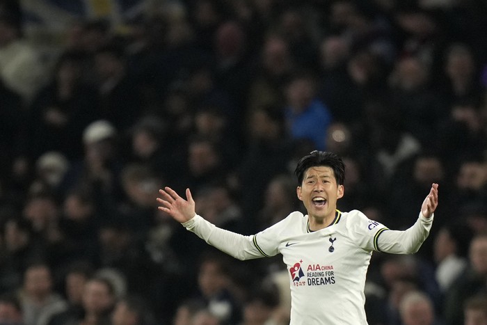 Son Heung-min Tottenham's Son Heung-min celebrates after scoring his sides second goal during the English Premier League soccer match between Tottenham Hotspur and Manchester United at White Hart Lane, in London, England, Thursday, April 27, 2023. (AP Photo/Alastair Grant)
