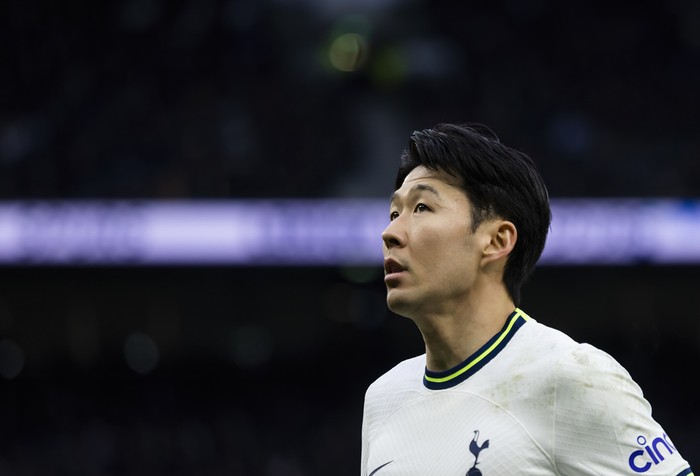 Tottenhams Son Heung-min celebrates after scoring his sides second goal during the English Premier League soccer match between Tottenham Hotspur and Manchester United at White Hart Lane, in London, England, Thursday, April 27, 2023. (AP Photo/Alastair Grant)
