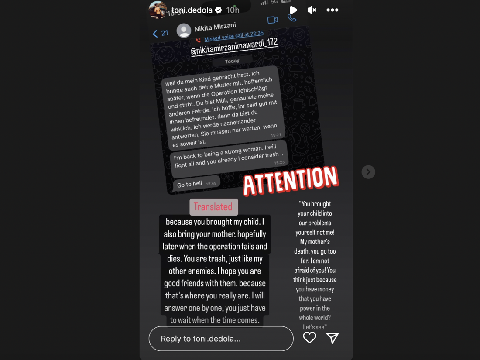 Toni Dedola Toni melalui akun media sosialnya, Minggu (30/4), menampilkan ucapan dari Nikita Mirzani dalam bahasa Jerman yang memaki hingga menyumpah kepada ibunda Toni.