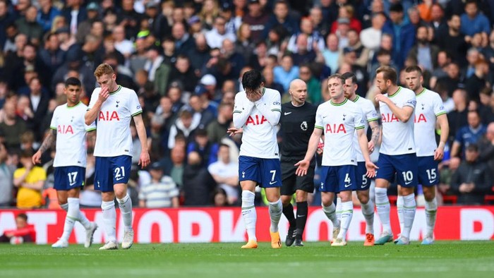 LIVERPOOL, ENGLAND - APRIL 30: Son Heung-min of Spurs and team mates look dejected after the third Liverpool goal during the Premier League match between Liverpool FC and Tottenham Hotspur at Anfield on April 30, 2023 in Liverpool, England. (Photo by Michael Regan/Getty Images)