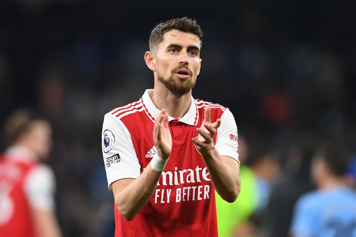 MANCHESTER, ENGLAND - APRIL 26: Jorginho of Arsenal applauds the fans following the teams loss during the Premier League match between Manchester City and Arsenal FC at Etihad Stadium on April 26, 2023 in Manchester, England. (Photo by Stuart MacFarlane/Arsenal FC via Getty Images)