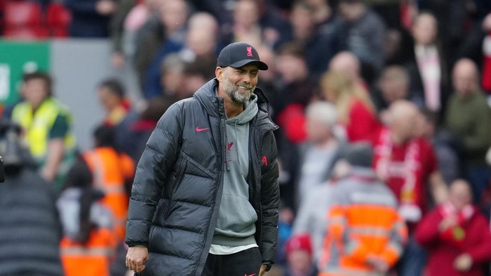 Liverpools manager Jurgen Klopp smiles at the end of an English Premier League soccer match between Liverpool and Tottenham Hotspur at Anfield stadium in Liverpool, Sunday, April 30, 2023. (AP Photo/Jon Super)