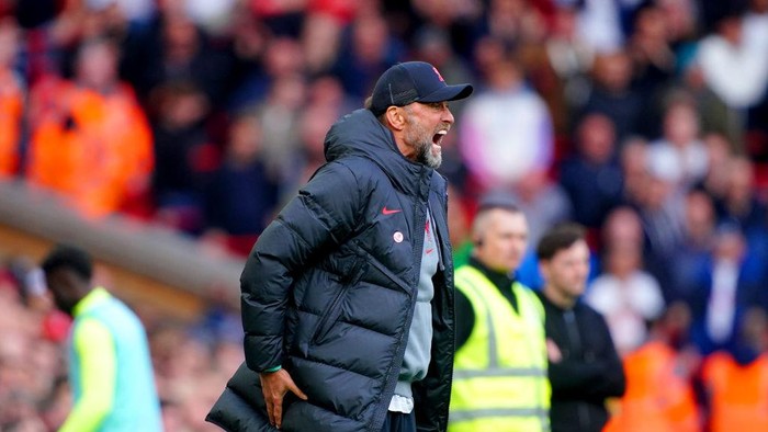 Liverpool manager Jurgen Klopp during the Premier League match at Anfield, Liverpool. Picture date: Sunday April 30, 2023. (Photo by Peter Byrne/PA Images via Getty Images)