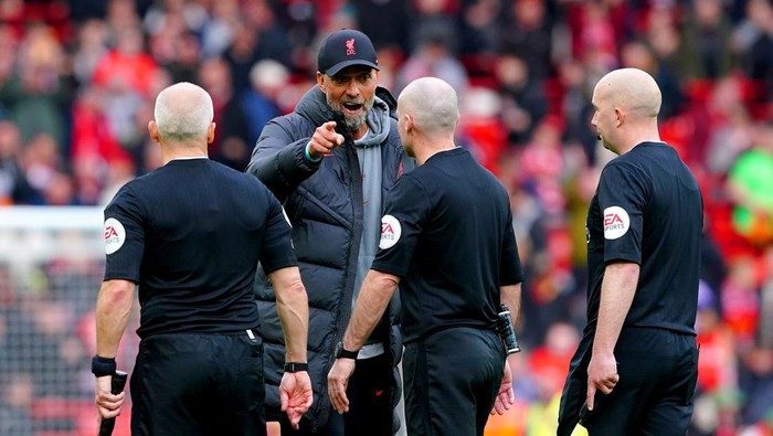 Liverpool manager Jurgen Klopp speaks to match officials at the end of the Premier League match at Anfield, Liverpool. Picture date: Sunday April 30, 2023. (Photo by Peter Byrne/PA Images via Getty Images)