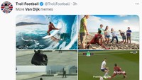 Fans memotong gambar Van Dijk dan menempatkannya di momen-momen yang tepat dengan pose jatuhnya tersebut. (Foto: Twitter)