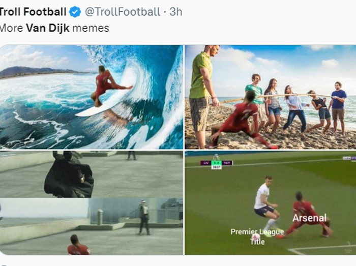 Meme Virgil van Dijk terjatuh di laga Liverpool kontra Tottenham Hotspur.