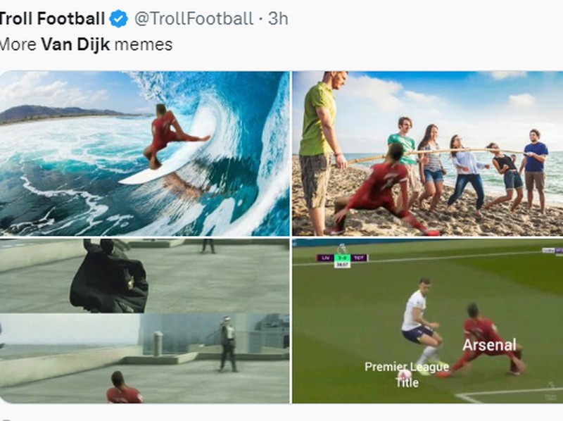 Meme Virgil van Dijk terjatuh di laga Liverpool kontra Tottenham Hotspur.