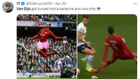 Akun fans Manchester City ini menyamakan pose jatuh Van Dijk dengan gaya menari balerina. (Foto: Twitter)