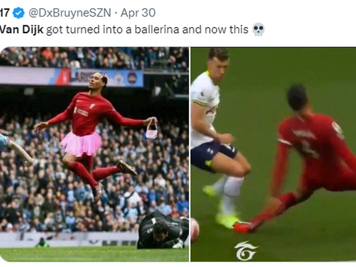 Meme Virgil van Dijk terjatuh di laga Liverpool kontra Tottenham Hotspur.