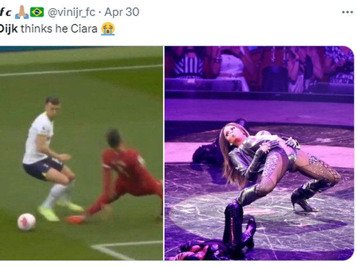 Meme Virgil van Dijk terjatuh di laga Liverpool kontra Tottenham Hotspur.