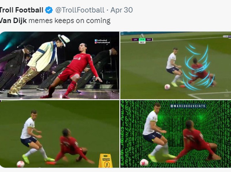 Meme Virgil van Dijk terjatuh di laga Liverpool kontra Tottenham Hotspur.