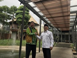 Airlangga Berbatik Hijau Bertemu Cak Imin Berkemeja Putih di Senayan