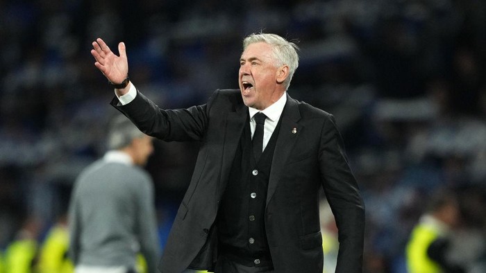 SAN SEBASTIAN, SPAIN - MAY 02: Carlo Ancelotti, Head Coach of Real Madrid, reacts during the LaLiga Santander match between Real Sociedad and Real Madrid CF at Reale Arena on May 02, 2023 in San Sebastian, Spain. (Photo by Juan Manuel Serrano Arce/Getty Images)