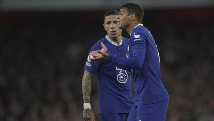 Chelseas Thiago Silva reacts during the English Premier League soccer match between Arsenal and Chelsea at the Emirates Stadium in London, Tuesday, May 2, 2023. (AP Photo/Kin Cheung)