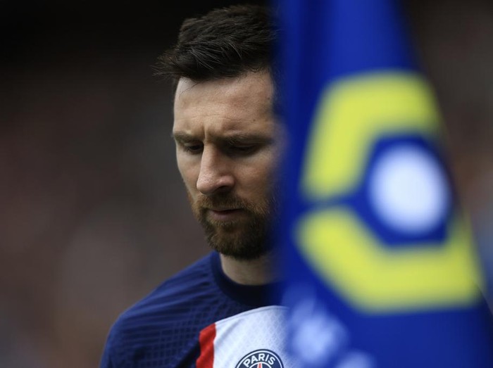 PSG's Lionel Messi reacts during the French League One soccer match between Paris Saint-Germain and Lorient, at the Parc des Princes stadium in Paris, Sunday, April 30, 2023. (AP Photo/Aurelien Morissard)