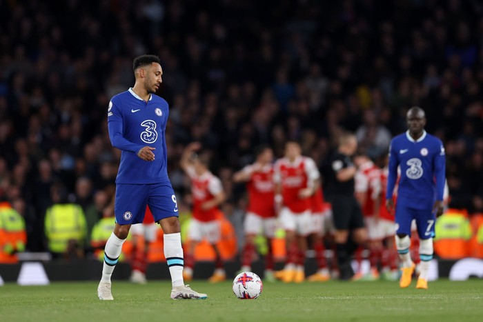 LONDON, ENGLAND - MAY 02: Pierre-Emerick Aubameyang of Chelsea looks dejected after Martin Odegaard of Arsenal (not pictured) scores the teams second goal during the Premier League match between Arsenal FC and Chelsea FC at Emirates Stadium on May 02, 2023 in London, England. (Photo by Alex Pantling/Getty Images)