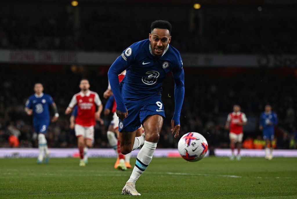 Chelsea's Gabonese striker Pierre-Emerick Aubameyang chases the ball during the English Premier League football match between Arsenal and Chelsea at the Emirates Stadium, in London, on May 2, 2023. (Photo by Ben Stansall / AFP) / RESTRICTED TO EDITORIAL USE. No use with unauthorized audio, video, data, fixture lists, club/league logos or 'live' services. Online in-match use limited to 120 images. An additional 40 images may be used in extra time. No video emulation. Social media in-match use limited to 120 images. An additional 40 images may be used in extra time. No use in betting publications, games or single club/league/player publications. /  (Photo by BEN STANSALL/AFP via Getty Images)