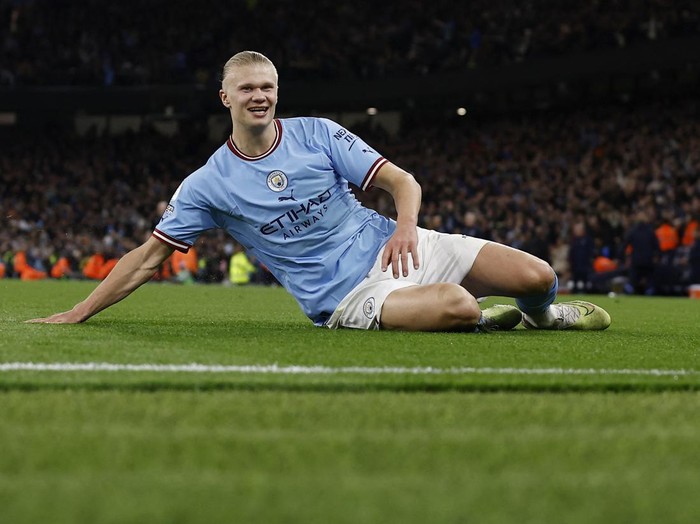Soccer Football - Premier League - Manchester City v West Ham United - Etihad Stadium, Manchester, Britain - May 3, 2023 Manchester City's Erling Braut Haaland celebrates scoring their second goal Action Images via Reuters/Jason Cairnduff EDITORIAL USE ONLY. No use with unauthorized audio, video, data, fixture lists, club/league logos or 'live' services. Online in-match use limited to 75 images, no video emulation. No use in betting, games or single club /league/player publications.  Please contact your account representative for further details.