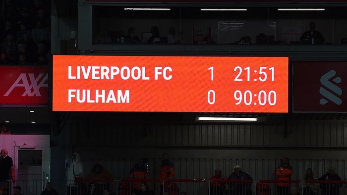 LIVERPOOL, ENGLAND - MAY 03: (THE SUN OUT, THE SUN ON SUNDAY OUT)  The score board at the end of the Premier League match between Liverpool FC and Fulham FC at Anfield on May 03, 2023 in Liverpool, England. (Photo by John Powell/Liverpool FC via Getty Images)