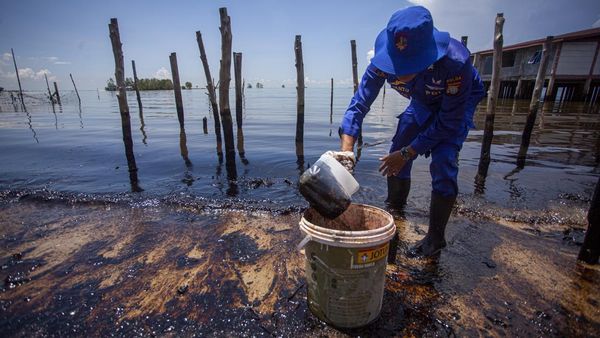 Tim Gabungan Bersihkan Limbah Minyak Hitam di Pantai Batam