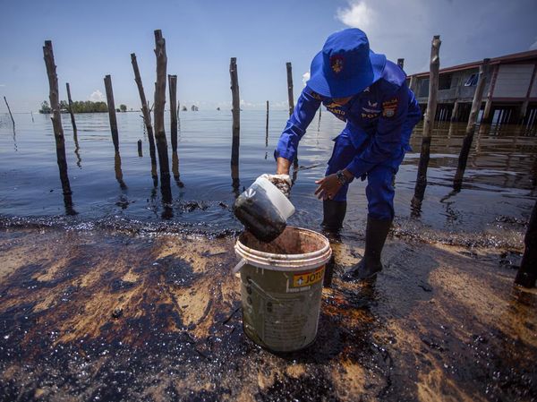 Tim Gabungan Bersihkan Limbah Minyak Hitam di Pantai Batam
