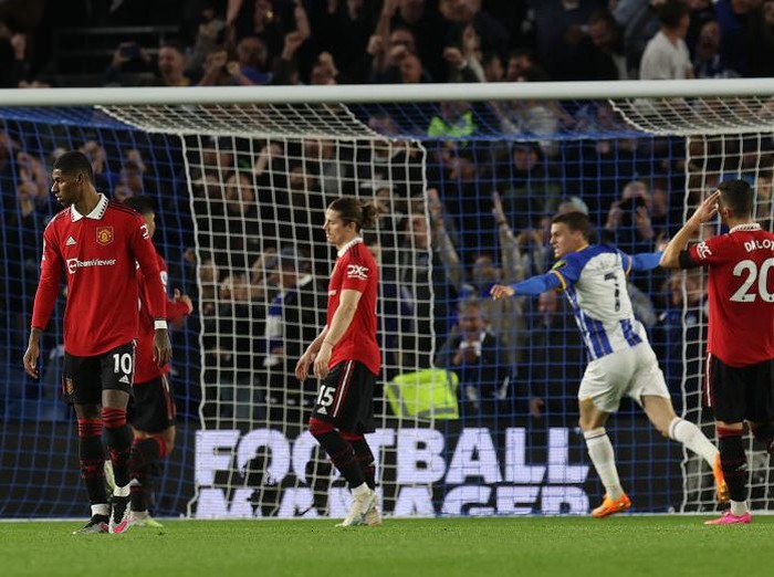 BRIGHTON, ENGLAND - MAY 04: Marcus Rashford of Manchester United reacts to conceding a late penalty during the Premier League match between Brighton & Hove Albion and Manchester United at American Express Community Stadium on May 04, 2023 in Brighton, England. (Photo by Matthew Peters/Manchester United via Getty Images)