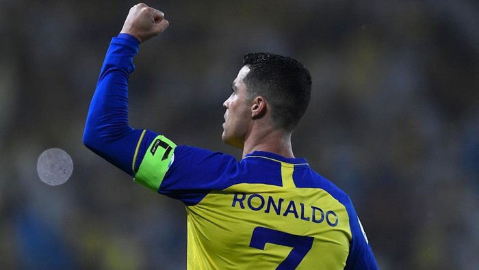 Nassrs Portuguese forward Cristiano Ronaldo celebrates scoring his teams first goal during the Saudi Pro League football match between Al-Nassr and Al-Raed at the al-Awwal Park Stadium in the Saudi capital Riyadh on April 28, 2023. (Photo by AFP) (Photo by -/AFP via Getty Images)