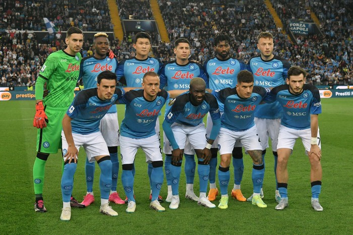 UDINE, ITALY - MAY 04: SSC Napoli players pose for a photo prior to the Serie A match between Udinese Calcio and SSC Napoli at Dacia Arena on May 04, 2023 in Udine, Italy. (Photo by Alessandro Sabattini/Getty Images)