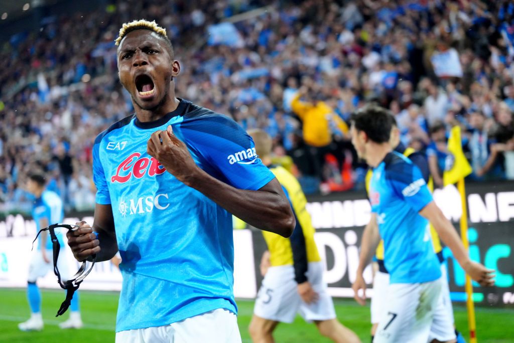UDINE, ITALY - MAY 04: Victor Osimhen of SSC Napoli celebrates with team mates after scoring his goal ,during the Serie A match between Udinese Calcio and SSC Napoli at Dacia Arena on May 4, 2023 in Udine, Italy. (Photo by MB Media/Getty Images)