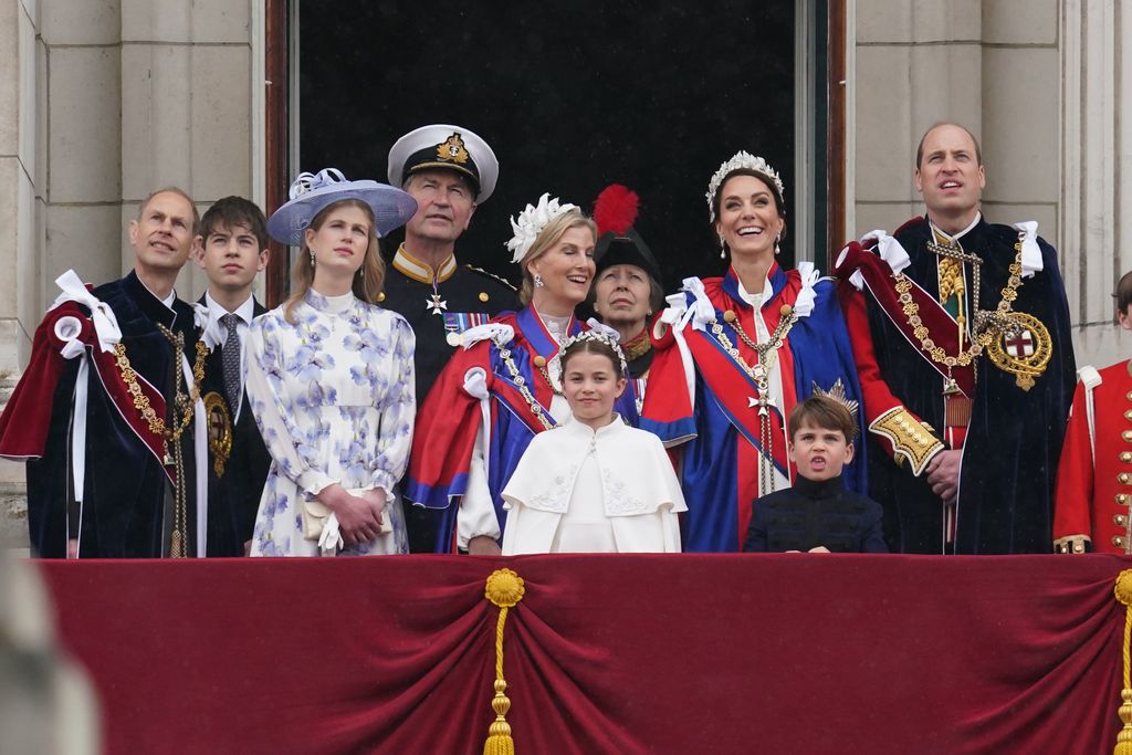 LONDON, ENGLAND - MAY 06: Britain's Prince William, Prince of Wales, Princess Charlotte, Prince Louis and Britain's Catherine, Princess of Wales attend the Coronation of King Charles III and Queen Camilla at Westminster Abbey on May 6, 2023 in London, England. The Coronation of Charles III and his wife, Camilla, as King and Queen of the United Kingdom of Great Britain and Northern Ireland, and the other Commonwealth realms takes place at Westminster Abbey today. Charles acceded to the throne on 8 September 2022, upon the death of his mother, Elizabeth II. (Photo by Yui Mok  - WPA Pool/Getty Images)
