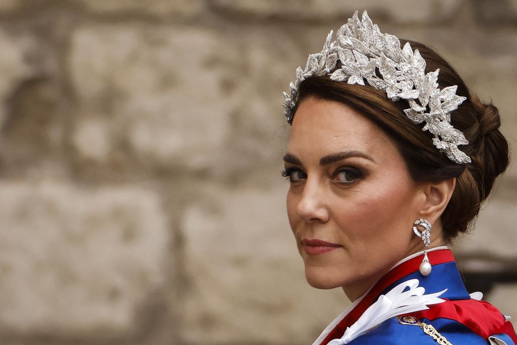 TOPSHOT - Britain's Catherine, Princess of Wales arrives at Westminster Abbey in central London on May 6, 2023, ahead of the coronations of Britain's King Charles III and Britain's Camilla, Queen Consort. - The set-piece coronation is the first in Britain in 70 years, and only the second in history to be televised. Charles will be the 40th reigning monarch to be crowned at the central London church since King William I in 1066. Outside the UK, he is also king of 14 other Commonwealth countries, including Australia, Canada and New Zealand. Camilla, his second wife, will be crowned queen alongside him, and be known as Queen Camilla after the ceremony. (Photo by Odd ANDERSEN / AFP) (Photo by ODD ANDERSEN/AFP via Getty Images)