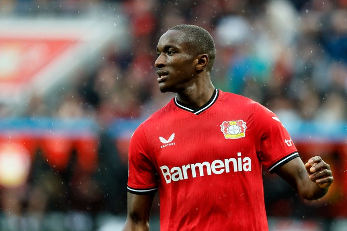 LEVERKUSEN, GERMANY - APRIL 23: Moussa Diaby of Bayer 04 Leverkusen looks on during the Bundesliga match between Bayer 04 Leverkusen and RB Leipzig at BayArena on April 23, 2023 in Leverkusen, Germany. (Photo by Joachim Bywaletz/DeFodi Images via Getty Images)