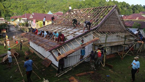Gotong Royong Membenahi Rumah Adat Sowohi Kie Matiti