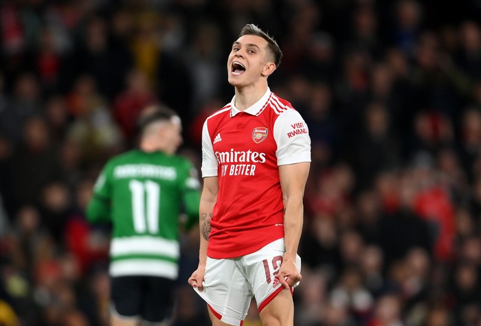 LONDON, ENGLAND - MARCH 16: Leandro Trossard of Arsenal reacts during the UEFA Europa League round of 16 leg two match between Arsenal FC and Sporting CP at Emirates Stadium on March 16, 2023 in London, England. (Photo by Mike Hewitt/Getty Images)