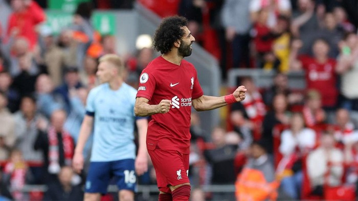 LIVERPOOL, ENGLAND - MAY 06: Mohamed Salah of Liverpool celebrates after scoring the teams first goal during the Premier League match between Liverpool FC and Brentford FC at Anfield on May 06, 2023 in Liverpool, England. (Photo by Alex Livesey/Getty Images)
