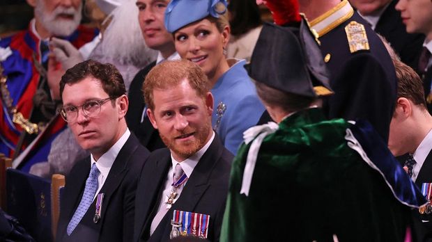 Britain's Prince Harry, Duke of Sussex talks to Britain's Princess Anne, Princess Royal at Westminster Abbey in central London on May 6, 2023, ahead of the coronations of Britain's King Charles III and Britain's Camilla, Queen Consort. - The set-piece coronation is the first in Britain in 70 years, and only the second in history to be televised. Charles will be the 40th reigning monarch to be crowned at the central London church since King William I in 1066. Outside the UK, he is also king of 14 other Commonwealth countries, including Australia, Canada and New Zealand. Camilla, his second wife, will be crowned queen alongside him, and be known as Queen Camilla after the ceremony. (Photo by Richard POHLE / POOL / AFP)