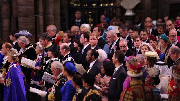 Britain's Prince Harry, Duke of Sussex (center) attends the coronations of Britain's King Charles III and Britain's Camilla, Queen Consort, at Westminster Abbey in central London on May 6, 2023. - The set-piece coronation is the first in Britain in 70 years, and only the second in history to be televised. Charles will be the 40th reigning monarch to be crowned at the central London church since King William I in 1066. Outside the UK, he is also king of 14 other Commonwealth countries, including Australia, Canada and New Zealand. Camilla, his second wife, will be crowned queen alongside him, and be known as Queen Camilla after the ceremony. (Photo by Richard POHLE / POOL / AFP)