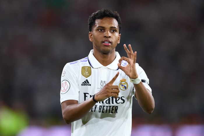 SEVILLE, SPAIN - MAY 06: Rodrygo Goes of Real Madrid celebrates after scoring the teams second goal during the Copa del Rey Final match between Real Madrid and CA Osasuna at Estadio de La Cartuja on May 06, 2023 in Seville, Spain. (Photo by Fran Santiago/Getty Images)