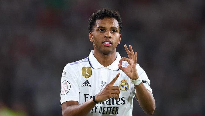 SEVILLE, SPAIN - MAY 06: Rodrygo Goes of Real Madrid celebrates after scoring the teams second goal during the Copa del Rey Final match between Real Madrid and CA Osasuna at Estadio de La Cartuja on May 06, 2023 in Seville, Spain. (Photo by Fran Santiago/Getty Images)