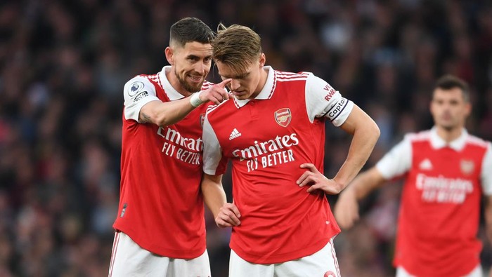 LONDON, ENGLAND - MAY 02: (L-R) Jorginho and Martin Odegaard of Arsenal during the Premier League match between Arsenal FC and Chelsea FC at Emirates Stadium on May 02, 2023 in London, England. (Photo by Stuart MacFarlane/Arsenal FC via Getty Images)