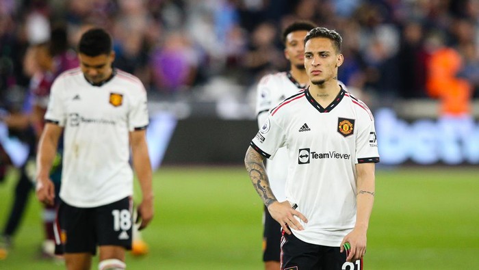 LONDON, ENGLAND - MAY 7: Anthony of Manchester United looks dejected after the Premier League match between West Ham United and Manchester United at London Stadium on May 7, 2023 in London, United Kingdom. (Photo by Craig Mercer/MB Media/Getty Images)