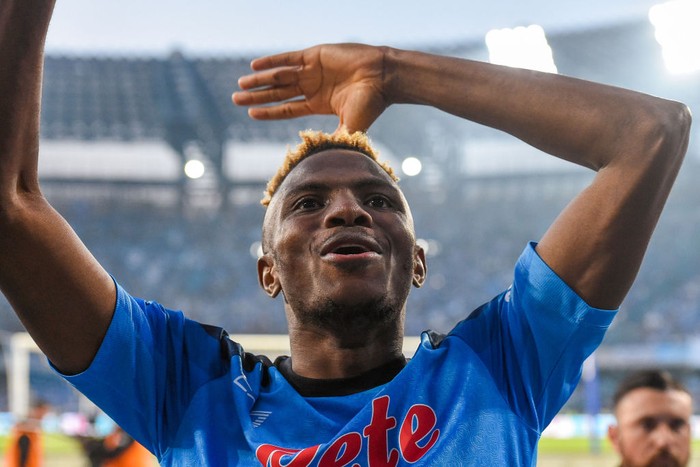 Victor Osimhen of SSC Napoli celebrates at the end of the Serie A TIM match between SSC Napoli and ACF Fiorentina at Stadio Diego Armando Maradona Naples Italy on 7 May 2023. (Photo by Franco Romano/NurPhoto via Getty Images)