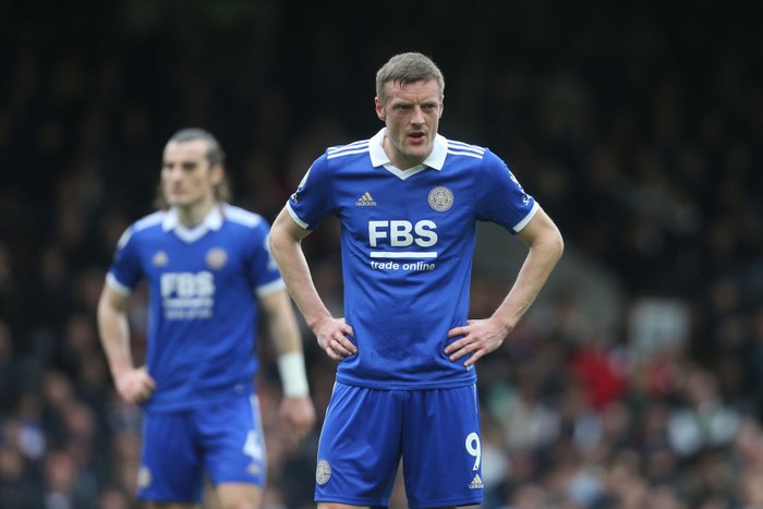LONDON, ENGLAND - MAY 08: Leicester Citys Jamie Vardy during the Premier League match between Fulham FC and Leicester City at Craven Cottage on May 8, 2023 in London, United Kingdom. (Photo by Rob Newell - CameraSport via Getty Images)