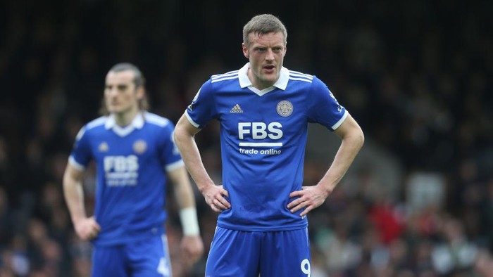 LONDON, ENGLAND - MAY 08: Leicester Citys Jamie Vardy during the Premier League match between Fulham FC and Leicester City at Craven Cottage on May 8, 2023 in London, United Kingdom. (Photo by Rob Newell - CameraSport via Getty Images)