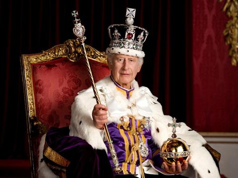 Britain's King Charles is pictured in full regalia in the Throne Room at Buckingham Palace, London. The King is wearing the Robe of Estate, the Imperial State Crown and is holding the Sovereign's Orb and Sovereign's Sceptre with Cross. He is seated on one of a pair of 1902 throne chairs that were made for the future King George V and Queen Mary for use at the Coronation of King Edward VII. These throne chairs were also used in the background of the 1937 Coronation of King George VI and Queen Elizabeth, and by King Charles III and Queen Camilla at Westminster Hall to receive addresses from the Speakers of both Houses of Parliament last year. Picture made available: May 8, 2023. Hugo Burnand/Royal Household 2023/Handout via REUTERS    THIS IMAGE HAS BEEN SUPPLIED BY A THIRD PARTY. MANDATORY CREDIT. EDITORIAL USE ONLY. NO RESALES. NO ARCHIVES. NO NEW USE AFTER 0001HRS JANUARY 1, 2024, WITHOUT PRIOR, WRITTEN PERMISSION FROM ROYAL COMMUNICATIONS. NO COMMERCIAL OR BOOK SALES. THE PHOTOGRAPH MUST NOT BE DIGITALLY ENHANCED, MANIPULATED OR MODIFIED IN ANY MANNER OR FORM.   REFILE - CORRECTING DATE INFORMATION AND SUPPLYING ADDITIONAL RESTRICTIONS       TPX IMAGES OF THE DAY