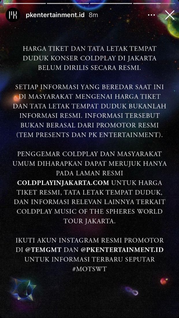 Klarifikasi PK Entertainment selaku promotor konser Coldplay soal harga tiket dan tata letak tempat duduk, diunggah pada Selasa (9/5).