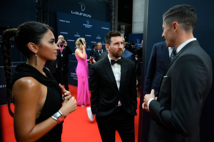 PARIS, FRANCE - MAY 08: Laureus World Sportsman of the Year 2023 nominee Lionel Messi speaks with Robert Lewandowski at the 2023 Laureus World Sport Awards Paris red carpet arrivals at Cour Vendome on May 08, 2023 in Paris, France. (Photo by Kristy Sparow/Getty Images for Laureus)