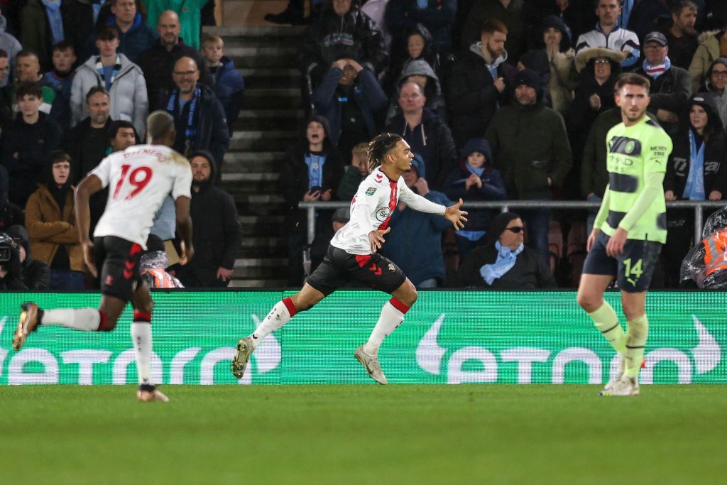 SOUTHAMPTON, ENGLAND - MARCH 18: James Ward-Prowse of Southampton looks dejected after Ivan Perisic of Tottenham Hotspur scores the team's third goal during the Premier League match between Southampton FC and Tottenham Hotspur at Friends Provident St. Mary's Stadium on March 18, 2023 in Southampton, England. (Photo by Michael Steele/Getty Images)