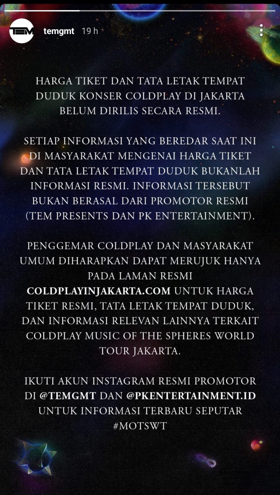 Promotor mengungkapkan bahwa harga tiket dan posisi tempat duduk konser Coldplay di Jakarta belum dirilis